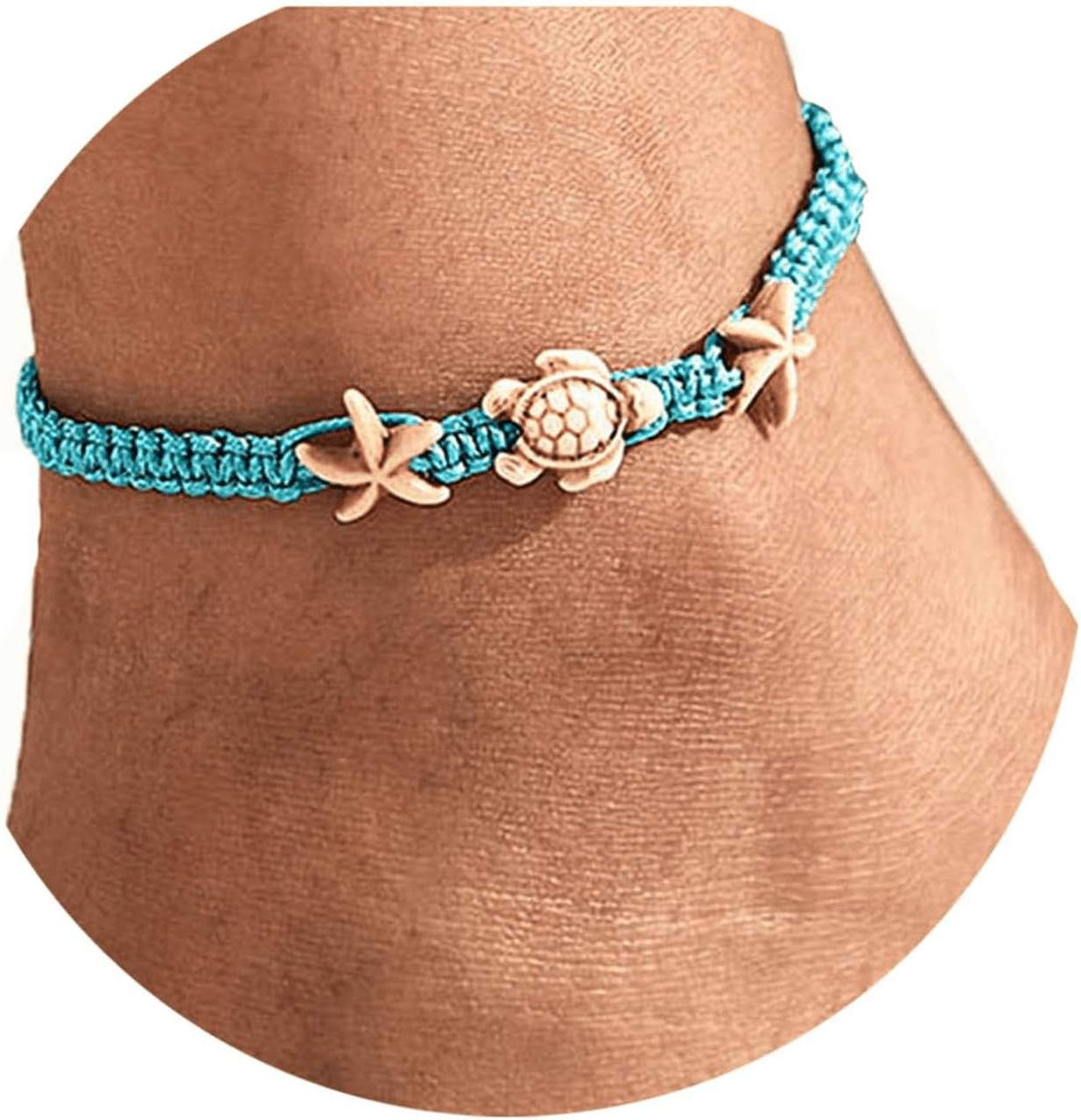 Boho Turtle and Starfish Anklet Blue String Bracelet, Waterproof Jewelry, Women