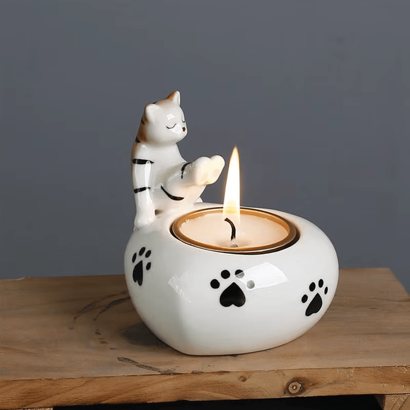 Ceramic Cat Tea Light Candle Holder – Kitten Warming Paws Scented Candle Holder