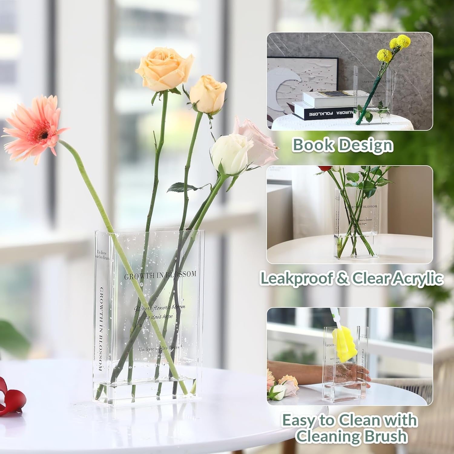 Clear Acrylic Book-Shaped Flower Vase Artistic and Aesthetic Decorative Vase