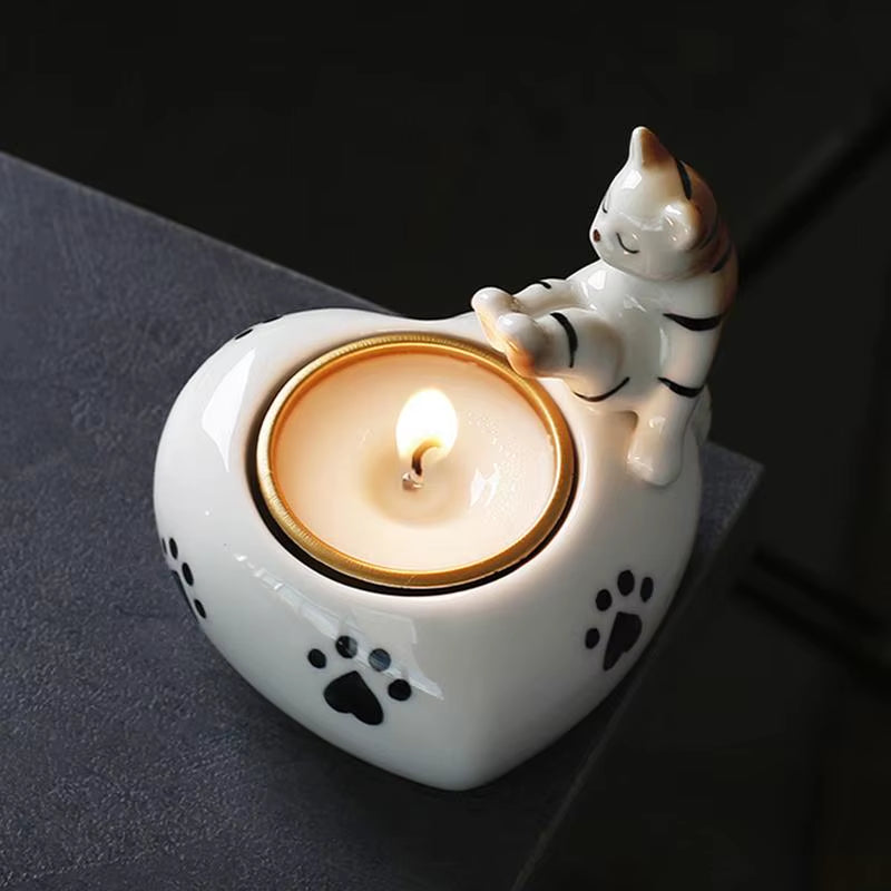 Ceramic Cat Tea Light Candle Holder – Kitten Warming Paws Scented Candle Holder