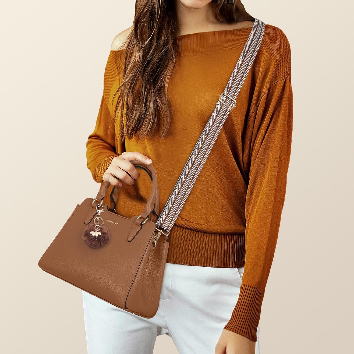 PU Vegan Leather Top-Handle Satchel – Designer Tote Purse with Adorable Pompom