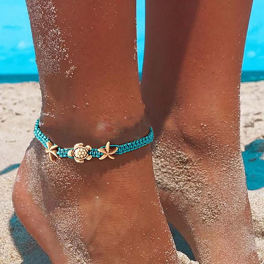 Boho Turtle and Starfish Anklet Blue String Bracelet, Waterproof Jewelry, Women