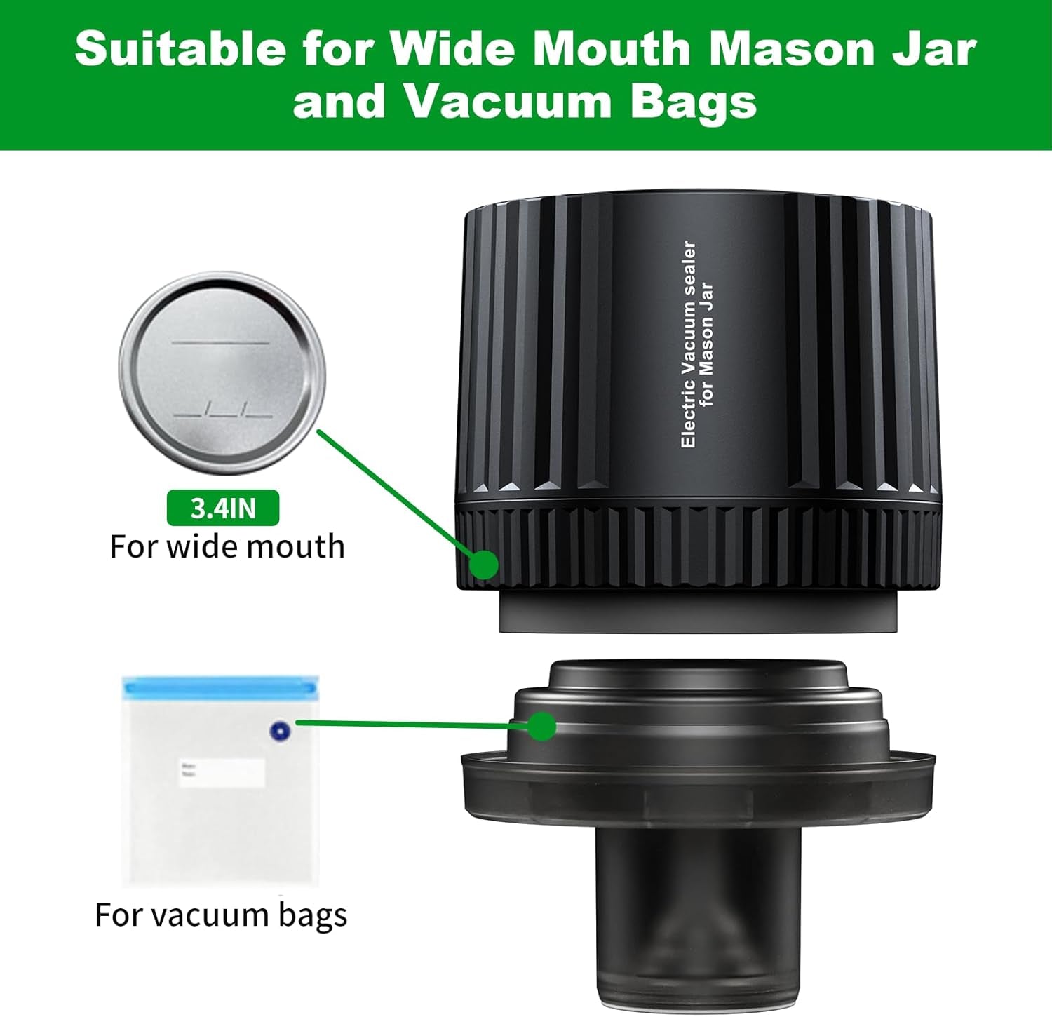 Electric Mason Jar Vacuum Sealer Cordless Wide Mouth Vacuum Sealer Kit Auto-Stop