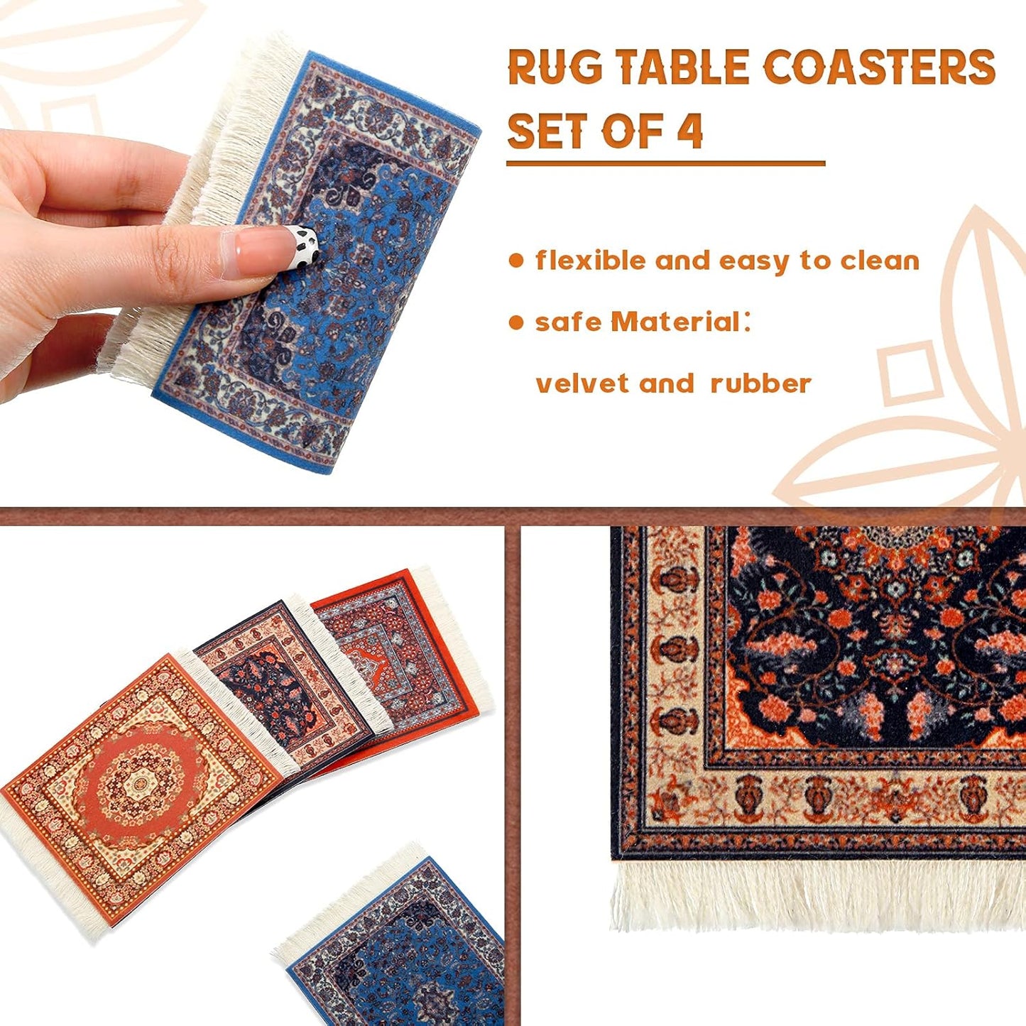 4 Pieces Rug Table Coasters Table Drink Holders Oriental Design Fabric Carpet