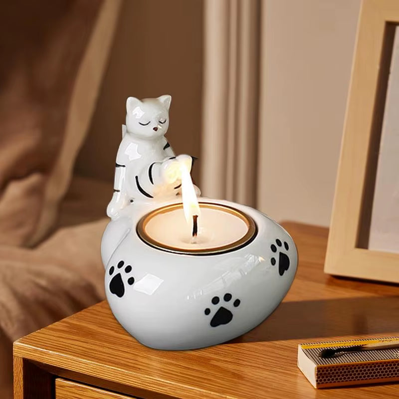 Ceramic Cat Tea Light Candle Holder – Kitten Warming Paws Scented Candle Holder