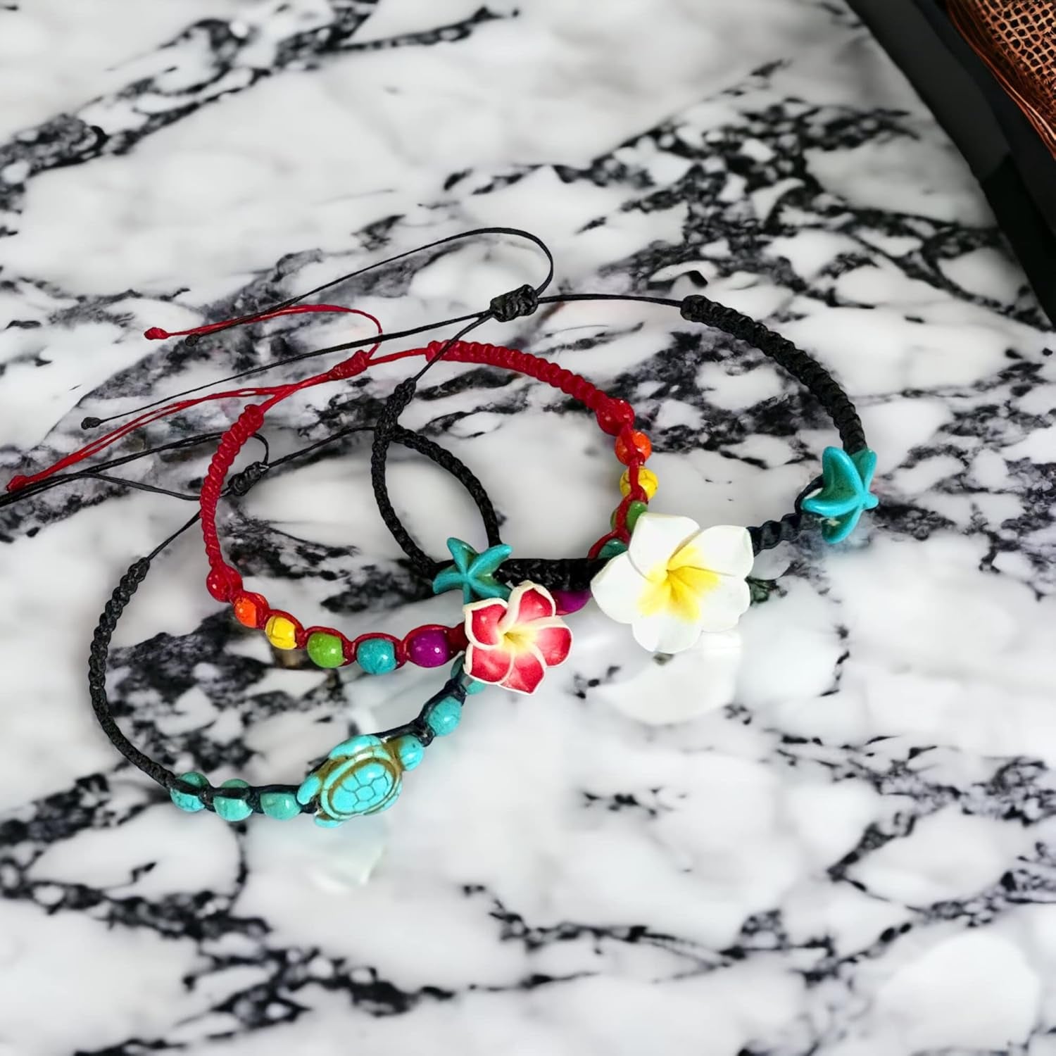 Anklet or Bracelet Hemp Starfish Turquoise Hawaiian Plumeria Flower Starfish