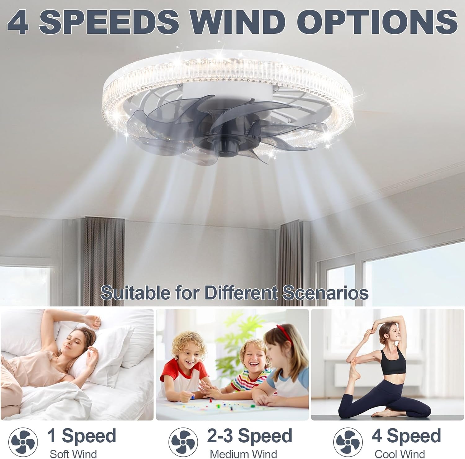 11.8 in Modern Ceiling Fan with Lights and Remote, E26/E27 Socket, White