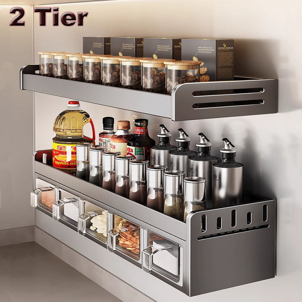 2Pack Wall-Mounted Kitchen Spice Rack Organizer Storage Shelf Cabinet Jar Holder