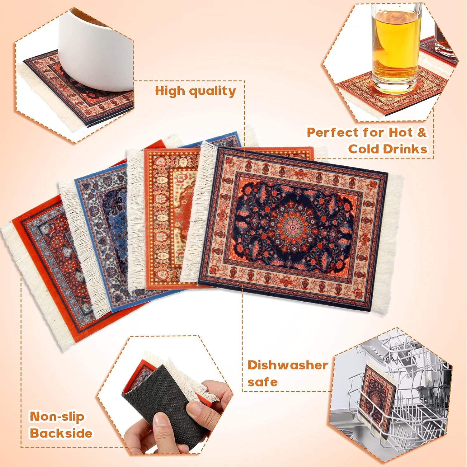 4 Pieces Rug Table Coasters Table Drink Holders Oriental Design Fabric Carpet