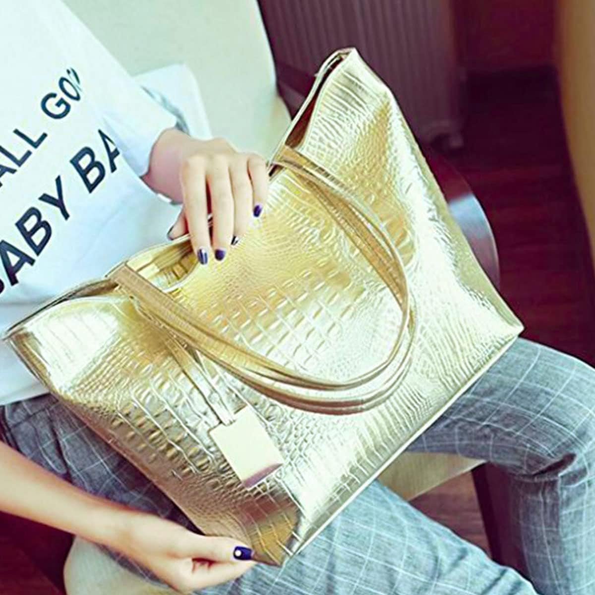 Women's Crocodile Large Tote Handbag Purse Shoulder Bag Travel Satchel