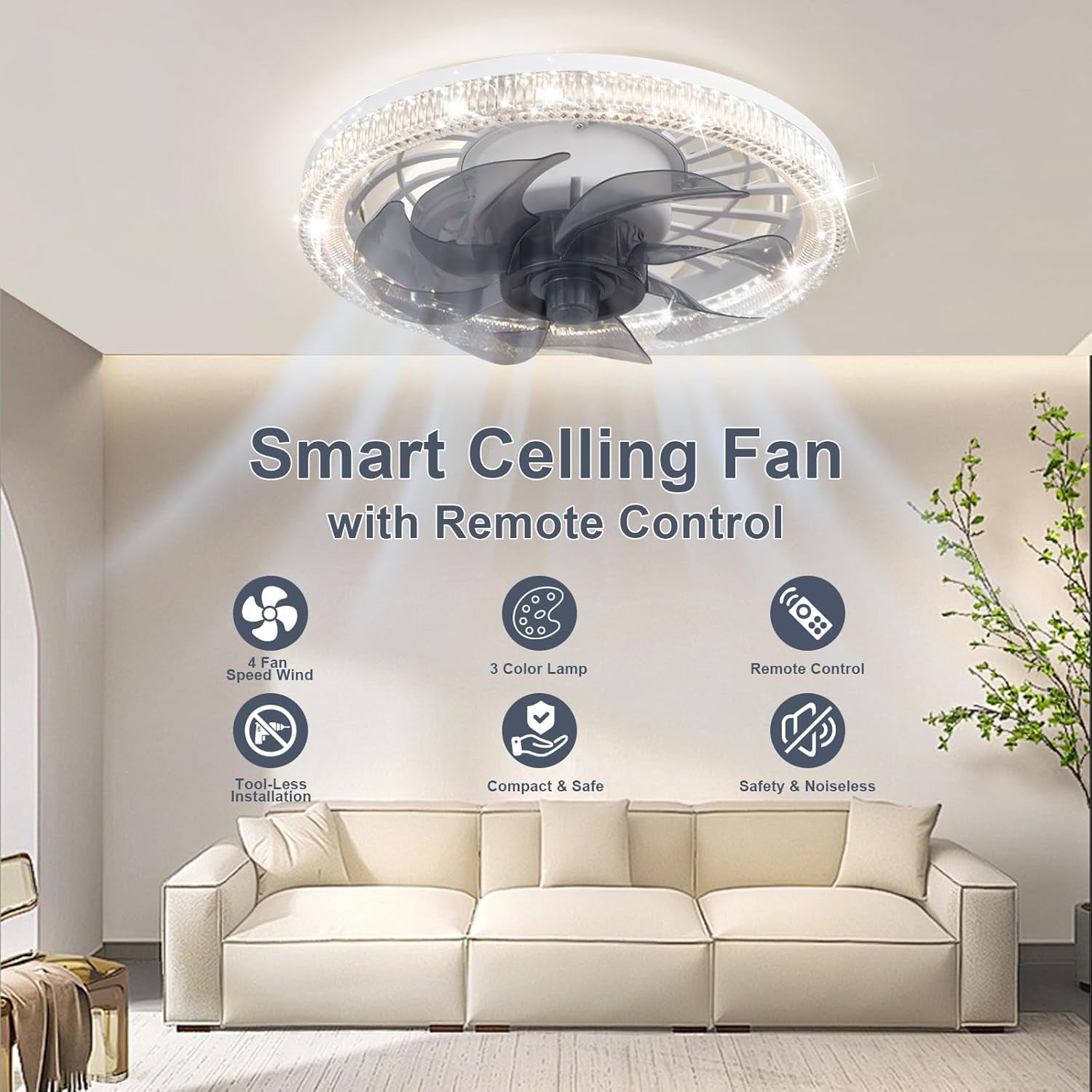 11.8 in Modern Ceiling Fan with Lights and Remote, E26/E27 Socket, White